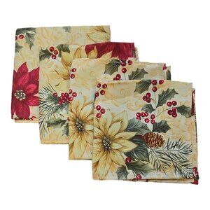 Vtg Christmas Holly Cloth Napkins 16x16 Gold Red Set of 4 Festive Table Decor